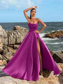 Faeriesty Đầm dạ hội nữ thanh lịch xếp ly, xẻ tà cao - Trang phục trang trọng mùa xuân/hè, phù hợp cho đám cưới, dạ hội, thảm đỏ, tiệc tùng, khách mời đám cưới, kỳ nghỉ hè. - Màu tím hoa cà - Xem 5