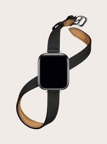 1pc Fashion Brand Black Leather Watch Band, Wrap Around Wrist Twice, Comfortable Soft Elegant Replacement Strap Compatible With Apple Smartwatch 38mm 40mm 41mm 42mm 44mm 45mm 49mm 46mm, Suitable For Watch Ultra 3 2 1 Series SE S9 S8 S7 S6 S5 S4 S3 S2 S1 Series - Black - View 2