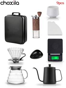 choxila 咖啡套装，15 件套带工具箱的咖啡滴滤套装，2 号手冲咖啡套装，V02 壶嘴咖啡套装，手冲咖啡配件套件，V02 咖啡套装包括咖啡滴滤器、咖啡服务器、咖啡过滤器、研磨机、咖啡托盘、咖啡杯、电子秤、咖啡勺、温度计、喷雾瓶、清洁布、咖啡垫、便携式咖啡收纳盒、滤纸和清洁刷。
