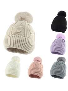 新款毛球提花针织帽欧美时尚加厚保暖内衬毛线帽户外运动滑雪帽无檐防寒帽 - 多色 - 查看 1