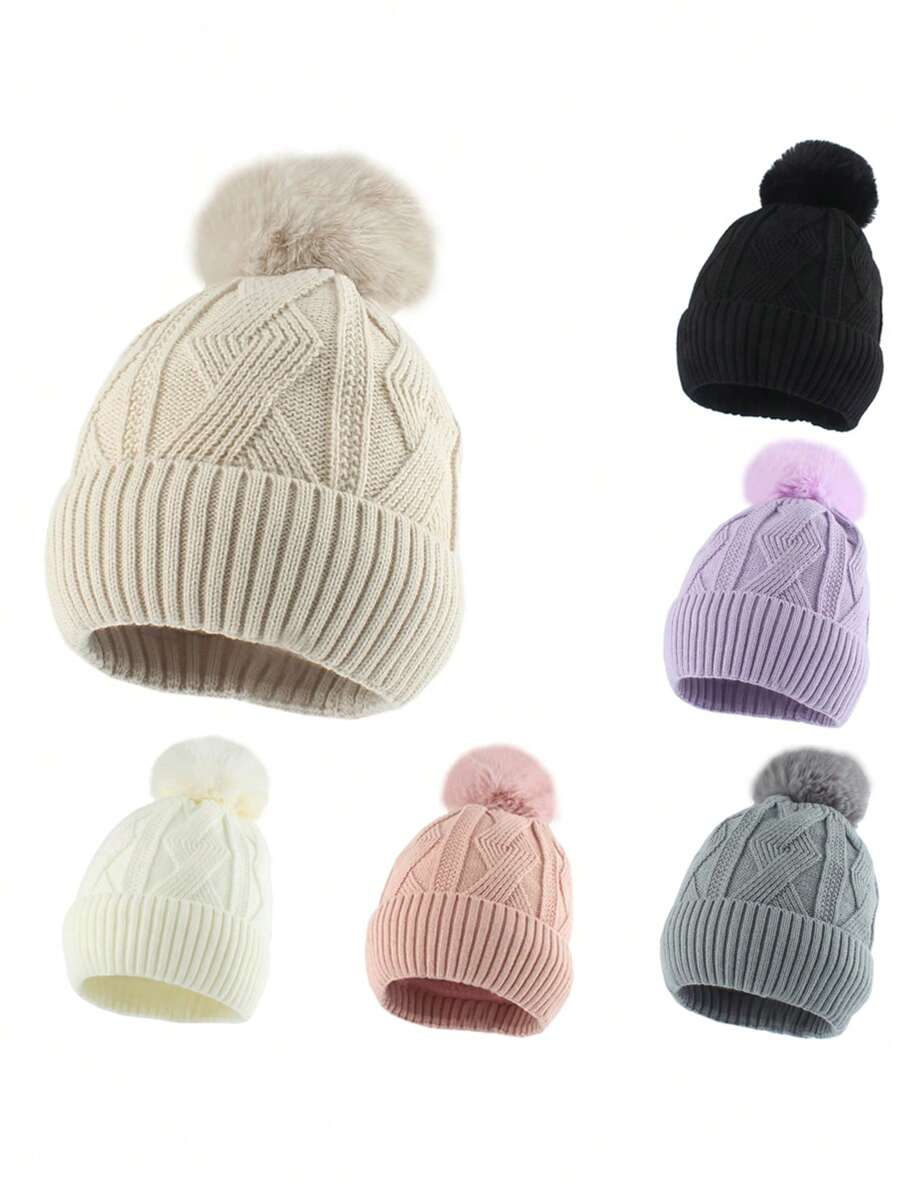 新款毛球提花针织帽欧美时尚加厚保暖内衬毛线帽户外运动滑雪帽无檐防寒帽 - 多色 - 查看 1