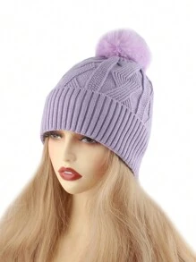 新款毛球提花针织帽欧美时尚加厚保暖内衬毛线帽户外运动滑雪帽无檐防寒帽 - 多色 - 查看 4