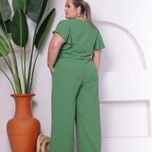 Duna Women's Plus Size Set Blouse With Flare Sleeves Wide Leg Pants With Pocket - 軍綠色 - 查看 2