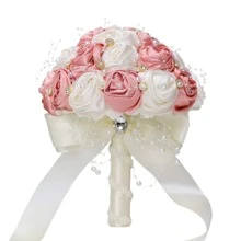 Elegante ramo de rosas de satén con cuentas y cristales de color champán, ramo de boda de rosas de tela artificial, flor eterna W0630G