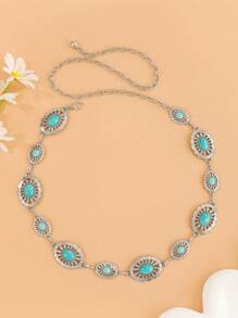 复古波西米亚风格金属链女士腰带，时尚百搭绿松石装饰腰带，锌合金，适合圣诞节、万圣节、婚礼、春季、夏季、秋季、冬季 - 銀色綠松石 - 查看 3