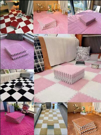 10/12pcs Fluffy Puzzle Floor Mat Rug, Flooring Tiles Soft Climbing Area Rugs, Patchwork Carpet, Anti-Drop Bedside Mat, DIY Rugs, Square Patchwork Grounding Mat, Bedside Carpet, Pile Rug, Large Area, Living Room Bedroom Decor 11.8inX11.8in