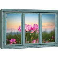 1PC With Frame - Vintage Blue-Green Window Looking Out To A Lotus Field - Canvas Art Home Art - Suitable For Bedroom Living Room Dining Room Bathroom Study Office Apartment Coffee Shop Hotel Nursery Wall Decoration