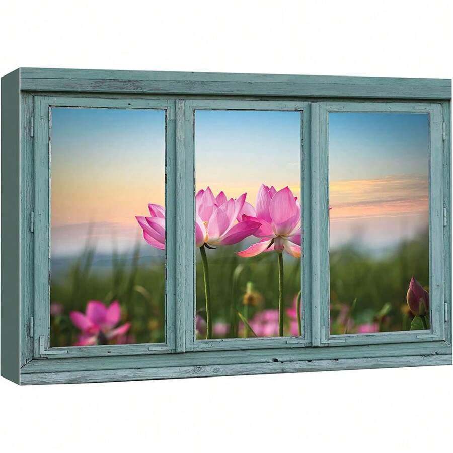 1PC With Frame - Vintage Blue-Green Window Looking Out To A Lotus Field - Canvas Art Home Art - Suitable For Bedroom Living Room Dining Room Bathroom Study Office Apartment Coffee Shop Hotel Nursery Wall Decoration