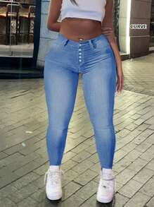 Jeans pitillo básicos y versátiles de talla grande para mujer con múltiples botones, que estilizan la figura - Azul lavado medio - Ver 3