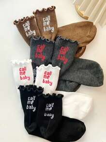 4 Pairs New Cute Breathable Wicking Girl Ruffle Hem Socks With Back Letter Vertical Stripes Mid-Tube Socks