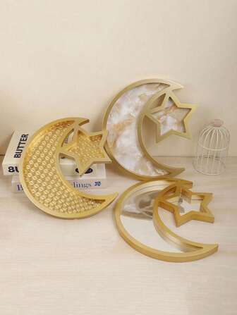 1 件星月水果托盘，木制新月和星形甜点盒，星月托盘装饰配件