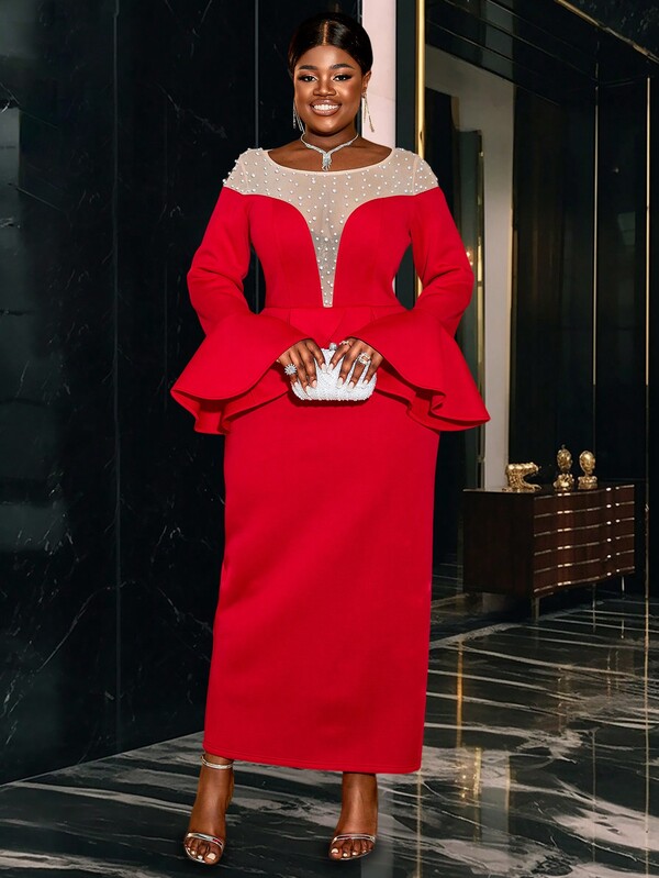 Plus Size Women Peplum Party Dress See Through Mesh Sexy Beading Round Neck Long Flare Sleeve Bodycon Robes Birthday Wedding Event Gowns