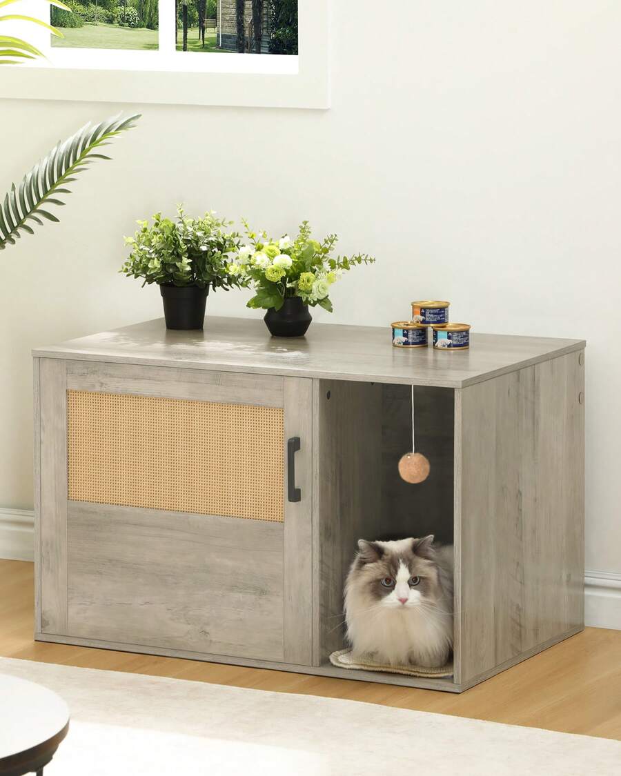 HEXCELEN Caja De Arena Para Gatos Con Puerta De Ratán, Muebles De Caja De Arena Oculta Estilo Boho, Mesa Auxiliar De Madera Para Casa De Mascotas, Sala De Estar, Dormitorio - Xám - Xem 1