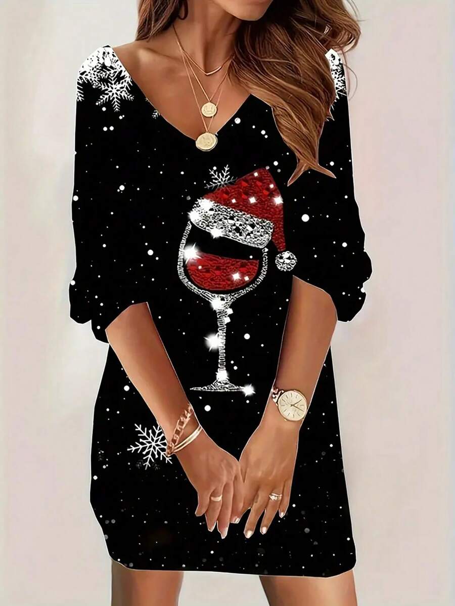 Christmas Tree Graphic Print V-Neck Long Sleeve Dress, Autumn/Winter - Black and White - View 1