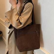 Túi Tote Đeo Vai Đơn Giản Cho Nữ, Chất Liệu Vải Nhung, Sức Chứa Lớn, Túi Tote Gấp Gọn Cho Nữ, Túi Mua Sắm Thời Trang, Balo Học Sinh - màu nâu - Xem 3