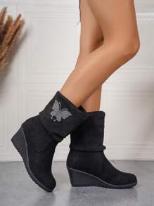 Damen Mode Kristall Schmetterling verzierte kurze Stiefel, Veloursleder Keilabsatz dick Sohle runde Zehenkappe Knöchel Stiefel, vielseitiger neuer Stil bequeme Schuhe, geeignet für verschiedene Anlässe - Schwarz - Übersicht 2
