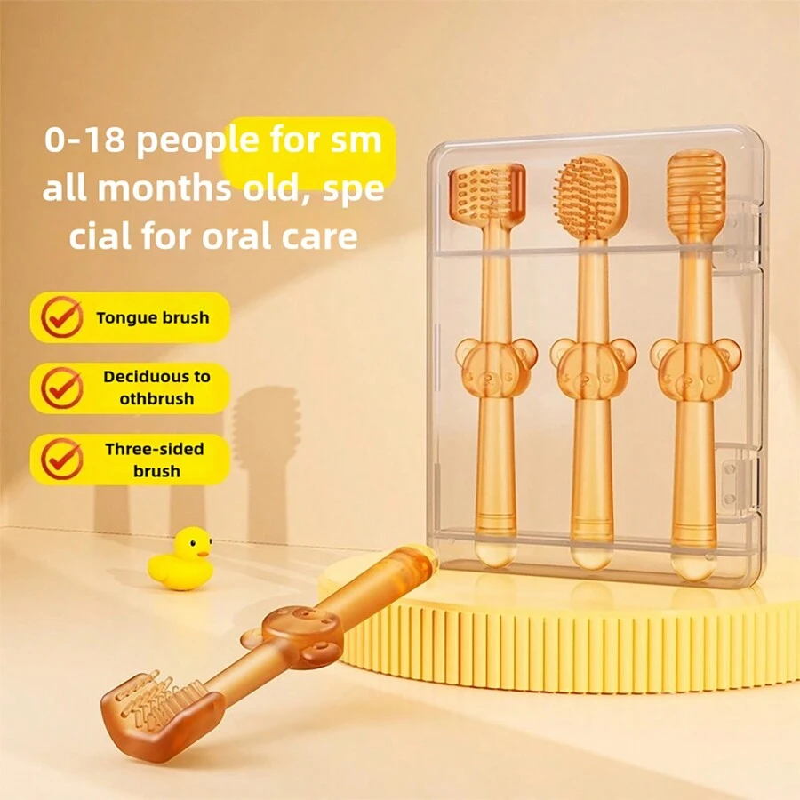 3 szt./zestaw szczoteczek do zębów dla niemowląt, trójstronna szczoteczka do zębów dla niemowląt, środek do czyszczenia jamy ustnej dla noworodków, szczoteczka do zębów mlecznych w kształcie litery U, skrobaczka do języka dla niemowląt, zestaw narzędzi do czyszczenia