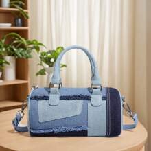 Denim Tote Bag For Women, Patchwork Pattern Casual Shoulder Bags, Large Capacity Crossbody Bag, Shoulder Bags For Work Travel Daily Matching With Long Shoulder Strap
