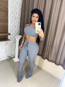Women's Set Flare Pants And Cropped Ribbed Fabric - Xám - Xem 3