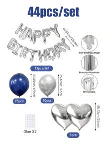 44 Stücke/Set 16 Zoll silberner "Happy Birthday"-Folienballon mit Buchstaben, einschließlich marineblauem, silbernem Latexballon und Herz-Folienballon, für englische "Happy Birthday"-Buchstabendekoration, Partyszenendekoration, Geburtstagsfeier, Hintergrunddekoration für Familienfeiern, Hochzeit, Abschlussfeier, Geburtstagsparty-Dekoration, blauer Ballon