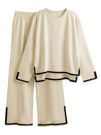2pcs Women Sweater Set, Casual Color Blocking Knit Sweater And Pants Suit, Autumn/Winter