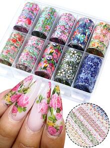 10 fogli/scatola Carta da trasferimento per arte di unghie con piccoli motivi floreali colorati, carta da trasferimento per arte di unghie con motivi floreali e vegetali, decorazioni per arte di unghie floreali, per nail salon fai-da-te (senza colla)