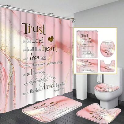 4pcs Pink Marble Shower Curtain Set, Golden Stripe Curtain, Art Decoration Shower Curtain, Romance Curtain, Shower Curtain Waterproof Fabric Bathroom Decoration Curtain With 12 Hooks, Anti-Slip Bathroom Mat Toilet Mat Set, Bath Mat, Toilet Seat Mat, Non-Slip U-Shaped Mat, 12 Hooks With Shower Curtain Summer Bathroom Accessories Back To School