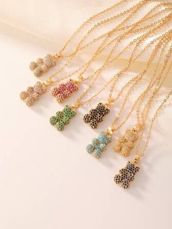 1 件时尚可爱熊吊坠方晶锆石项链