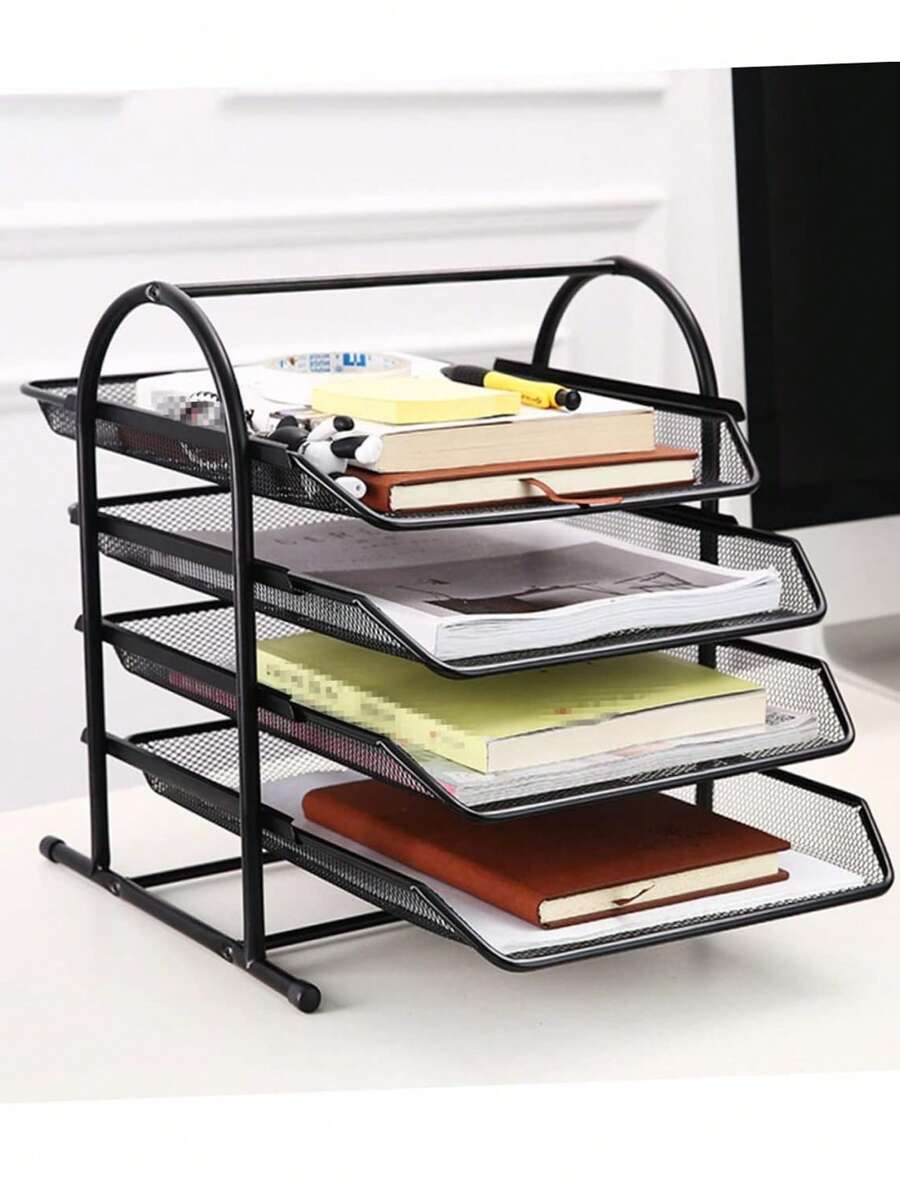 4-Tier Mesh Letter Tray, Desktop File Organizer For Office, Home, School, Sliding Paper Sorter, Desktop File Rack, Metal Mail Collection, Black - Black - View 1