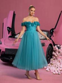 Off-Shoulder Tie-Up Backless Floral Applique Decor Sheer Prom Dress, Elegant Semi-Formal Dress Suitable For Birthday, Wedding Guest, Graduation Ceremony And Other Occasions - Teal Blue - View 5