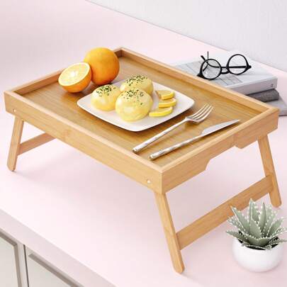 1pc, Bamboo Bed Tray Table With Foldable Legs, Breakfast Bed Trays Laptop Computer Tray, For Kitchen Serving Tray, Sofa, Snacking Or Working-Back To School