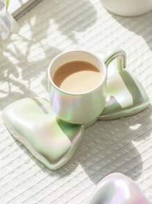 Set de 3 tazas de café y platitos de cerámica con diseño creativo de abalorios chapados de colores y moños