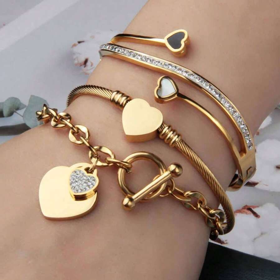 Bộ quà tặng trang sức nữ chất lượng cao 3 món/bộ, vòng tay không phai màu đính đá Rhinestone, vỏ sò Rhinestone, vòng tay thép không gỉ đính đá Rhinestone hình trái tim Valentine - Sự kết hợp khác nhau - Xem 1