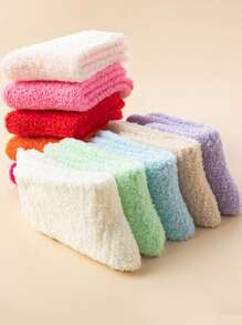 4 pares de calcetines cálidos de felpa de coral para mujeres, calcetines gruesos y esponjosos de invierno en tonos de macarrón de colores