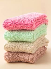 4 pares de calcetines cálidos de felpa de coral para mujeres, calcetines gruesos y esponjosos de invierno en tonos de macarrón de colores