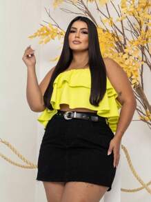 Plus Size Plain Black Denim Skirt With Stylish Buckle Belt - Black - View 3