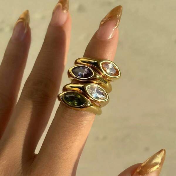 1pc Vintage 18K Gold Plated Stainless Steel Colorful Zirconia Decor Single Ring, Suitable For Women's Daily And Wedding Wear, Gift