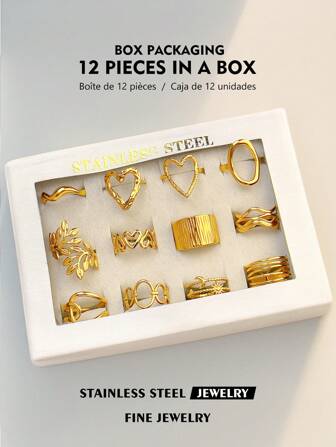 1pc 18K Gold Plated Stainless Steel Flower & Heart Adjustable Open Ring Set, Jewelry Accessories, 3D Geometric Design Gift Box Packaging Suitable For Daily Wear Valentines,Mom,Mother,Mother's Day,Gift