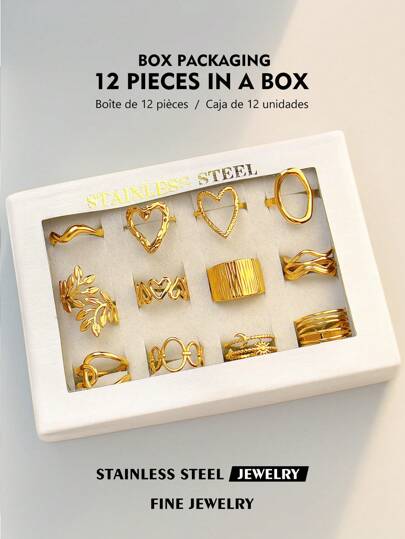 1 حلقة مضبوطة القياس مذهبة بذهب عيار 18 قيراط من الفولاذ المقاوم للصدأ بتصميم زهرة وقلب، اكسسوارات مجوهرات، مغلفة بعلبة هدايا ذات تصميم هندسي ثلاثي الأبعاد مناسبة للارتداء اليومي، هدية مناسبة لعيد الحب، عيد الأم، الأمهات