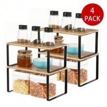 SONGMICS 4 Pack Cabinet Organizer Shelf, Kitchen Counter Shelves, Kitchen Storage, Spice Rack, Stackable, Expandable, Metal And Engineered Wood, Ink Black And Natural Beige - 黑色 - 查看 2