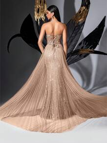 LUVISTRUE 魅力女神亮片派对正式礼服，奢华女士晚礼服，适合红毯、生日派对、毕业舞会、盛大晚宴、慈善舞会、颁奖典礼等场合，纯色无肩带网纱系带开衩连衣裙 - 杏色 - 查看 3