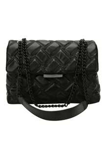 Fall And Winter New Fashionable High-Grade Texture Simple Simple Color Cross-Body Bag, Exquisite Niche Lattice Design Chain Sense Shoulder Straps Shoulder Bag, Classic Elegant Beauty Multi-Functional Ladies Commuter Bag - Black - View 7