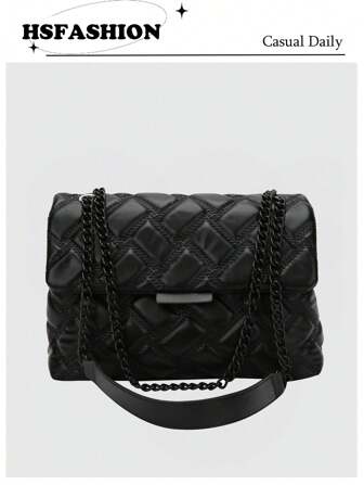 Fall And Winter New Fashionable High-Grade Texture Simple Simple Color Cross-Body Bag, Exquisite Niche Lattice Design Chain Sense Shoulder Straps Shoulder Bag, Classic Elegant Beauty Multi-Functional Ladies Commuter Bag