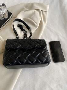 Fall And Winter New Fashionable High-Grade Texture Simple Simple Color Cross-Body Bag, Exquisite Niche Lattice Design Chain Sense Shoulder Straps Shoulder Bag, Classic Elegant Beauty Multi-Functional Ladies Commuter Bag - Black - View 9
