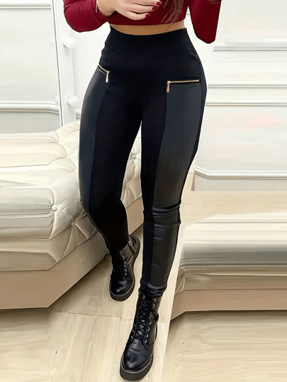 Plus Size Jednokolorowe legginsy z PU Patchwork, damskie sportowe spodnie Capri do ćwiczeń na rowerze, dopasowane, wygodne, obcisłe spodnie na zewnątrz