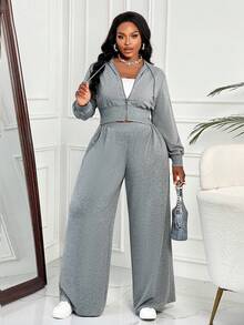 BIUBIU Autumn And Winter Plus Size Zipper Jacket, Wide Leg Pants Two-Piece Set, Casual Commuting Daily Outdoor Sportswear - Grey - View 3