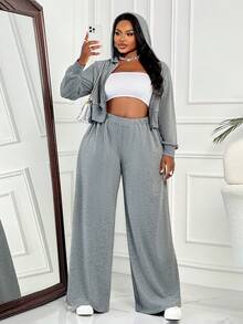 BIUBIU Autumn And Winter Plus Size Zipper Jacket, Wide Leg Pants Two-Piece Set, Casual Commuting Daily Outdoor Sportswear - Grey - View 6