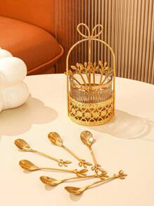 4 件/6 件/7 件/套不锈钢叶形勺子架托盘套装，厨房甜点小勺子搅拌勺咖啡勺储物罐，糖果、甜点、小吃、蛋糕、水果的家居装饰，适用于户外、家居、厨房、派对、生日、礼物