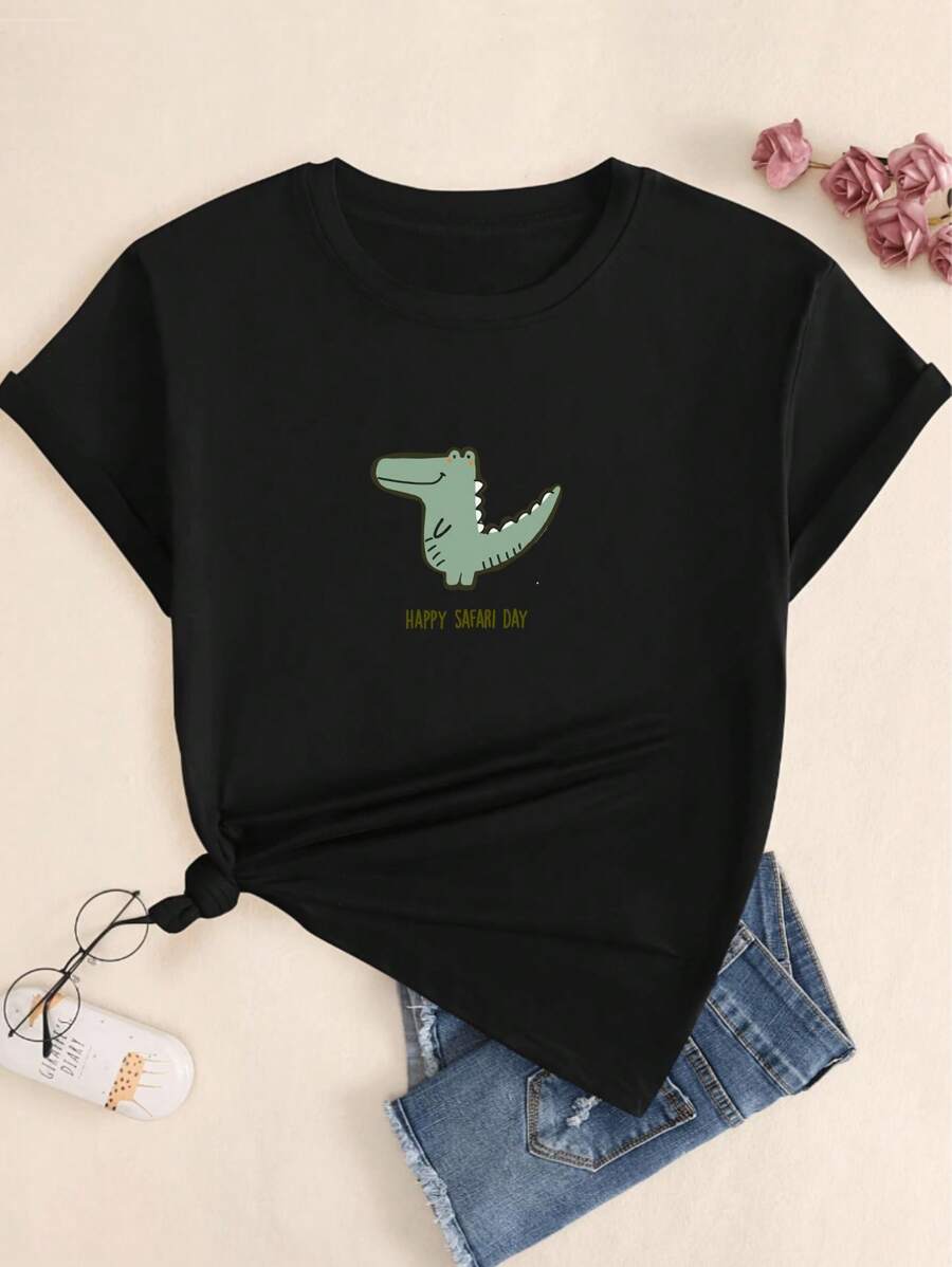 Cartoon Animal T-Shirt Cute Style Cotton Comfort T-Shirt Premium Elegant Blouse - màu đen - Xem 1