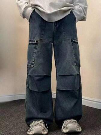 青少年男孩嘻哈風工裝牛仔褲，秋冬新品鬆身拉鍊大口袋直筒休閒長褲